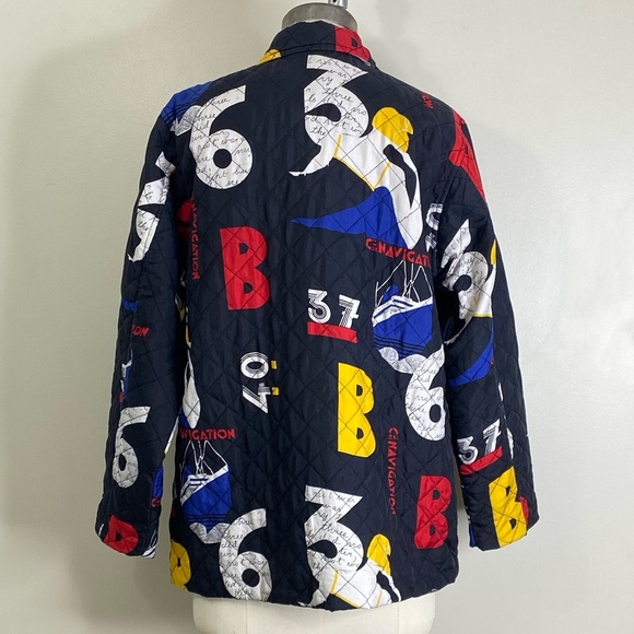 VINTAGE 100% SILK QUILTED PATTERNED NAUTICAL BUTTON UP JACKET WITH MATCHING SASH - Picture 6 of 17
